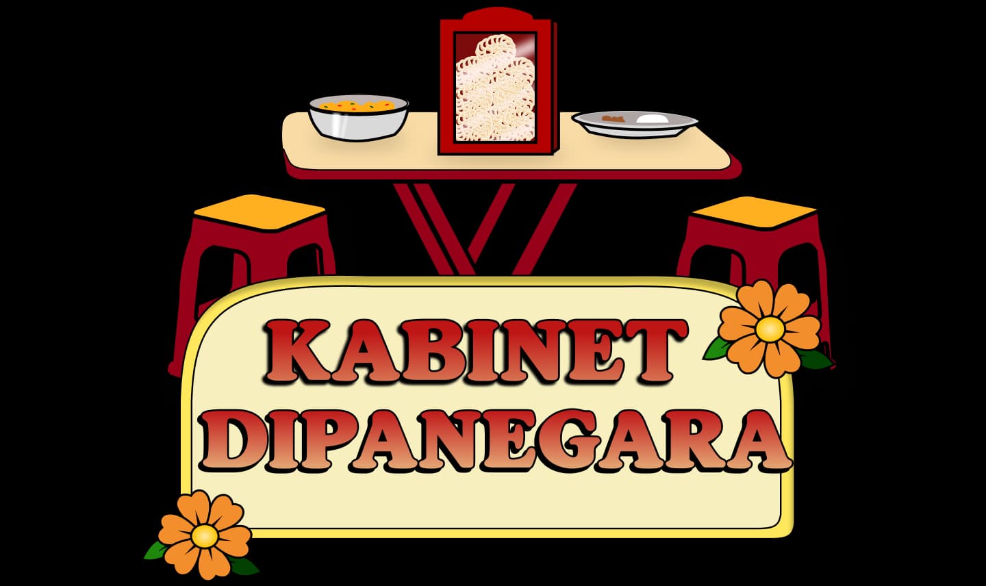 Ilustrasi meja makan dan papan nama Kabinet Dipanegara dengan ornamen bunga